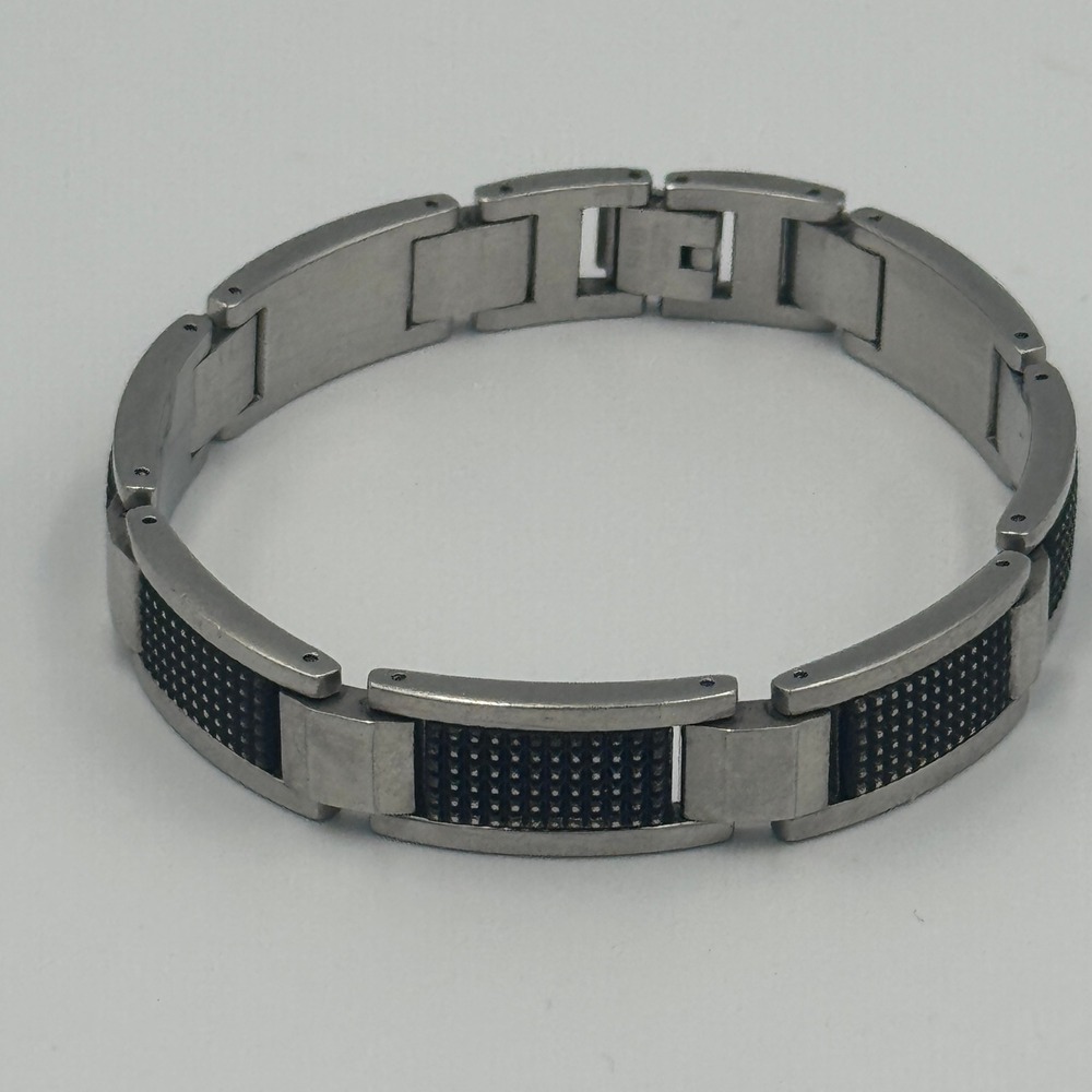 Mens Stainless Steel Link Bracelet Silver Black Carbon Fiber Inlay‎ Industrial